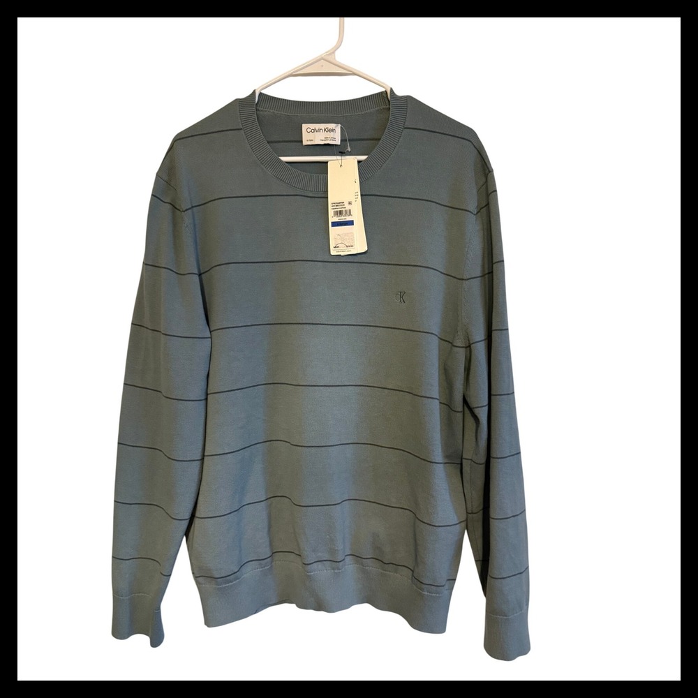 NWT Calvin Klein Mens XL Stormy Sea Supima Cotton Striped‎ Long Sleeve Sweater